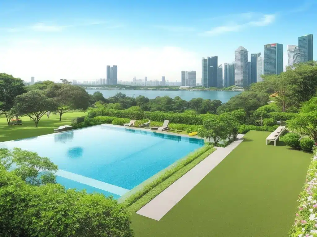 DreamShaper_v7_pool_yoga_lawn_with_lake_and_garden_view_in_sin_0