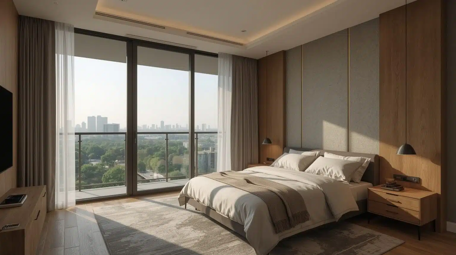 Lucid_Realism_create_an_image_of_a_bedroom_from_a_highrise_con_0